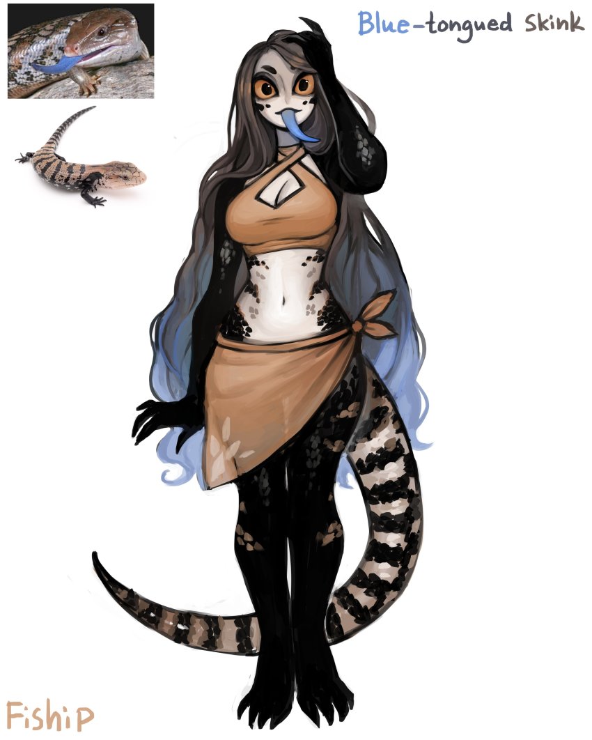 absurdres, animal, barefoot, black_eyes, black_skin, blue-tongued_skink, blue_tongue, bra