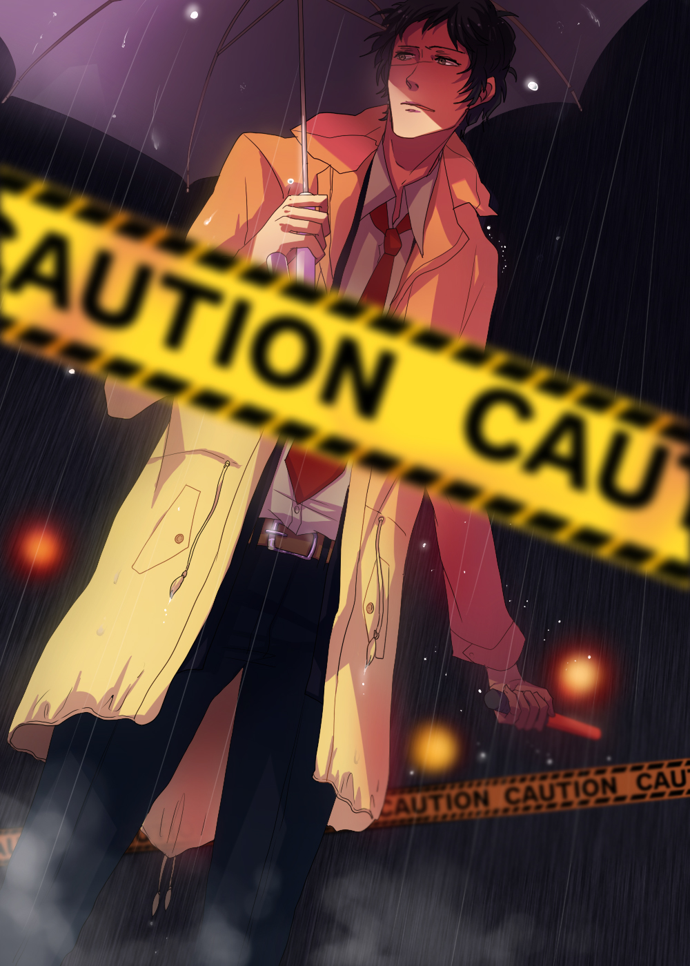 adachi_tooru, atlus, black_hair, brown_eyes, caution_tape, coat, highres, male_focus