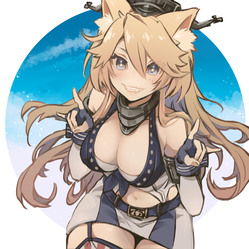 1girl, animal_ear_fluff, animal_ears, belt, blonde_hair, blue_eyes, breasts, commentary_request