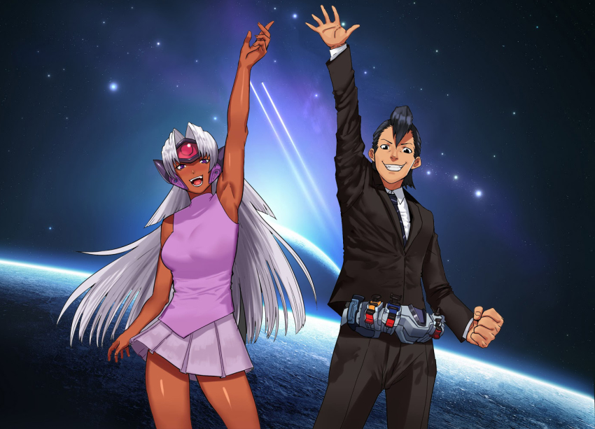 1boy, 1girl, arm_up, belt, black_eyes, black_hair, dark_skin, cessa