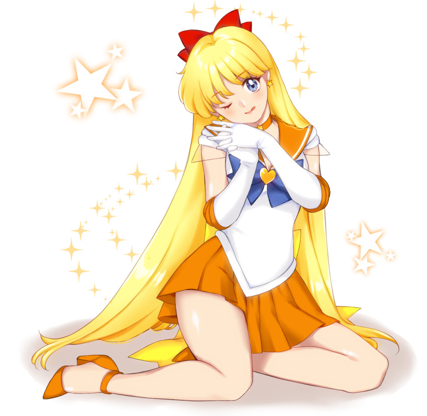 1girl, ;q, aino_minako, bare_legs, bishoujo_senshi_sailor_moon, blonde_hair, blue_bow, blue_eyes, bow, brooch, choker, circlet, closed_mouth, earrings, elbow_gloves, full_body, gloves, hair_bow, half_updo, hanada_no_kiwami, heart, heart_brooch, high_heels, interlocked_fingers, jewelry, legs, long_hair, one_eye_closed, orange_choker, orange_sailor_collar, orange_shoes, orange_skirt, own_hands_together, pleated_skirt, red_bow, sailor_collar, sailor_venus, shiny_skin, shoes, simple_background, sitting, skirt, solo, sparkle, star_(symbol), star_earrings, super_sailor_venus, tongue, tongue_out, very_long_hair, white_gloves