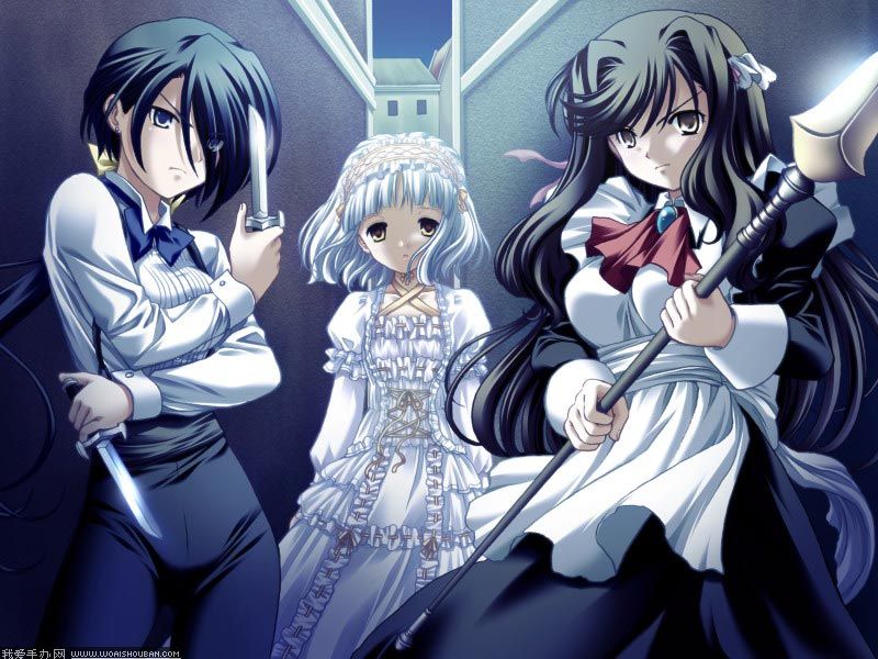 >:(, 3girls, accurate_lolita_coord, alley, angry, aona_masao, apron, ascot, bartender, black_hair, blue_eyes, blunt_bangs, bow, bowtie, breasts, brooch, brown_eyes, brown_hair, building, buttons, collarbone, contrapposto, corset, cowboy_shot, criss-cross_halter, cross-laced_clothes, crossdressing, crossdressing_(ftm), crossed_arms, curly_hair, dagger, dress, dual_wielding, earrings, eyes_visible_through_hair, fighting_stance, frills, frown, game_cg, glint, grey_hair, hair_intakes, hair_over_one_eye, hair_ribbon, hairband, halterneck, hanon_(triptych), holding, holding_weapon, jewelry, jpeg_artifacts, knife, large_breasts, lolita_fashion, lolita_hairband, long_hair, long_sleeves, looking_at_viewer, low_ponytail, maid, maid_apron, miu_(triptych), multiple_girls, night, nimura_yuuji, outdoors, pants, parted_lips, polearm, ponytail, puffy_long_sleeves, puffy_sleeves, rei_(triptych), ribbon, ribbon-trimmed_dress, ribbon_trim, saiga_(company), sash, serious, shirt, short_hair, sky, sleeve_cuffs, small_breasts, spear, standing, stud_earrings, suspenders, swept_bangs, triptych, v-shaped_eyebrows, very_long_hair, waitress, watermark, wavy_hair, weapon, web_address, white_dress, white_hair, yellow_eyes