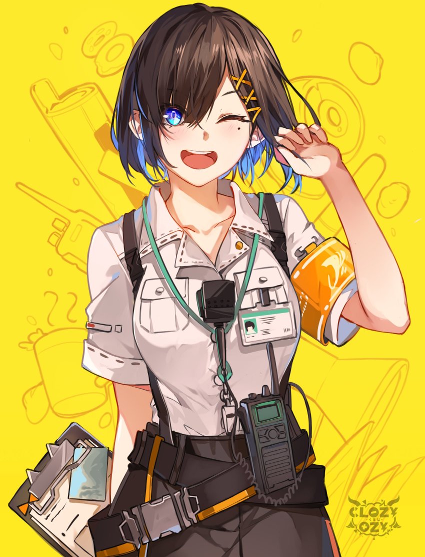 1girl, ;d, absurdres, armband, black_hair, black_skirt, blue_eyes, closz