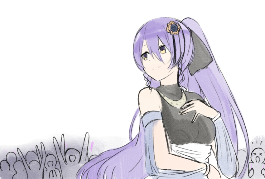 1girl, absurdres, breasts, commentary, crowd, english_commentary, furai_sen, hand_on_own_chest