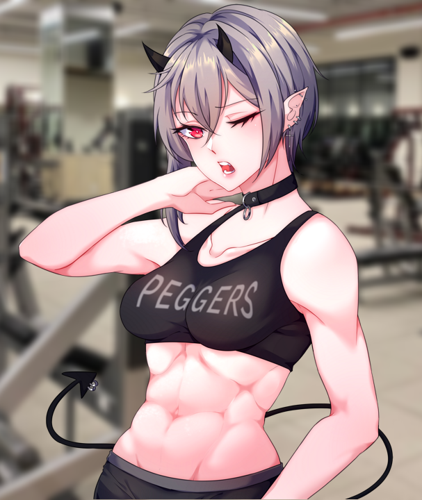 1girl, abs, black_choker, breasts, choker, collarbone, commentary, demon_girl, demon_horns, demon_tail, ear_piercing, english_commentary, grey_hair, horns, indie_virtual_youtuber, medium_breasts, muscular, muscular_female, navel, one_eye_closed, onta_bahlul, piercing, pointy_ears, red_eyes, rinkya, second-party_source, short_hair, solo, sports_bra, tail, virtual_youtuber
