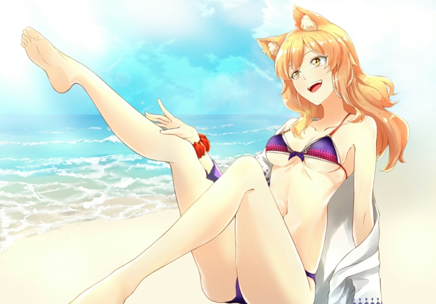 1girl, animal_ear_fluff, animal_ears, barefoot, beach, bikini, blue_sky, blush