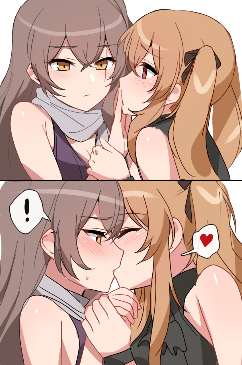 !, 2girls, black_dress, black_ribbon, rejected_kiss, blush, brown_eyes, brown_hair, closed_eyes, closed_mouth, commentary_request, dress, girls'_frontline, hair_between_eyes, hair_ornament, hair_ribbon, hairclip, heart, highres, kiss, korean_commentary, long_hair, multiple_girls, ndgd, official_alternate_costume, one_side_up, purple_dress, ribbon, scar, scar_across_eye, scar_on_face, scarf, twintails, ump45_(diamond_flower)_(girls'_frontline), ump45_(girls'_frontline), ump9_(girls'_frontline), ump9_(the_world's_melody)_(girls'_frontline), yellow_eyes, yuri