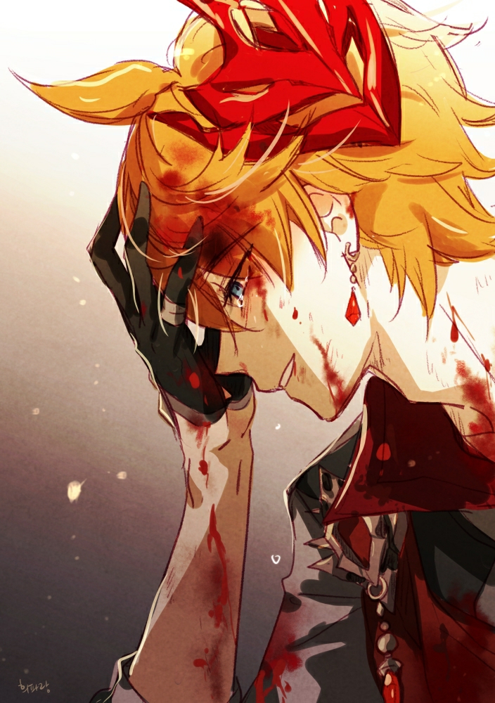 1boy, blood, blood_on_clothes, blood_on_face, blood_on_hands, blue_eyes, coat, collarbone