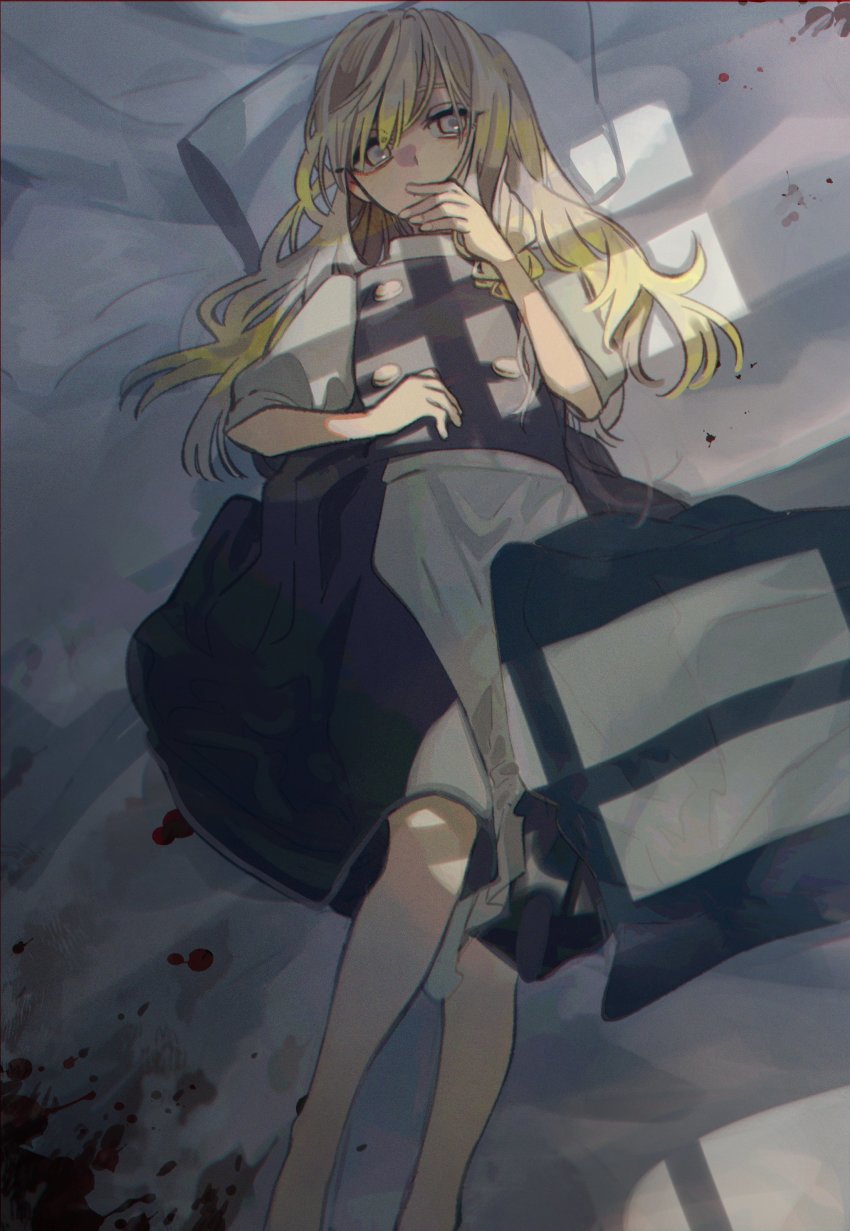 absurdres, apron, bed, black_skirt, black_vest, blonde_hair, blood, blood_stain