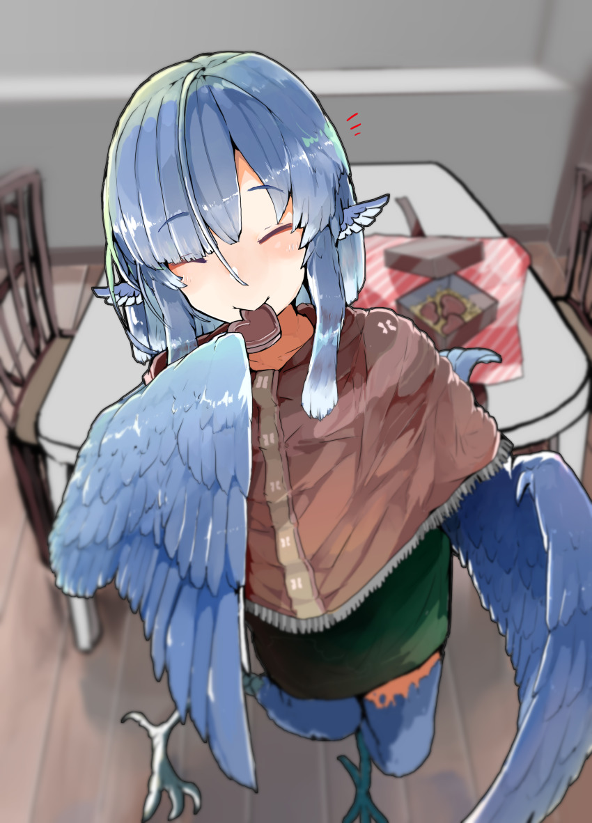 1girl, absurdres, animal_ears, bird_ears, bird_legs, bird_wings, blue_feathers, blue_hair