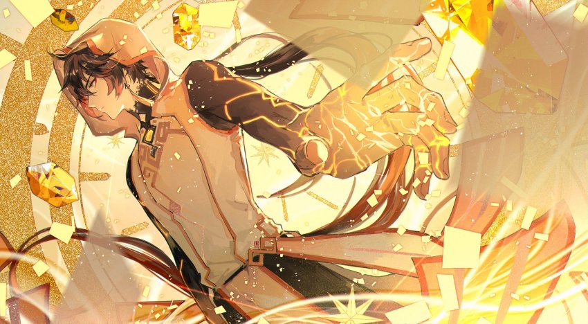 1boy, arm_tattoo, bare_shoulders, black_hair, blurry, blurry_foreground, brown_hair, closed_mouth, earrings, fingernails, floating, floating_object, from_side, gem, genshin_impact, hair_between_eyes, highres, hood, hood_up, hooded_jacket, jacket, jewelry, long_hair, looking_to_the_side, male_focus, multicolored_hair, outstretched_arm, ponytail, richu_de_xiao_taiyang, see-through_clothes, single_earring, sleeveless, solo, tassel, tattoo, yellow_eyes, zhongli_(archon)_(genshin_impact), zhongli_(genshin_impact)