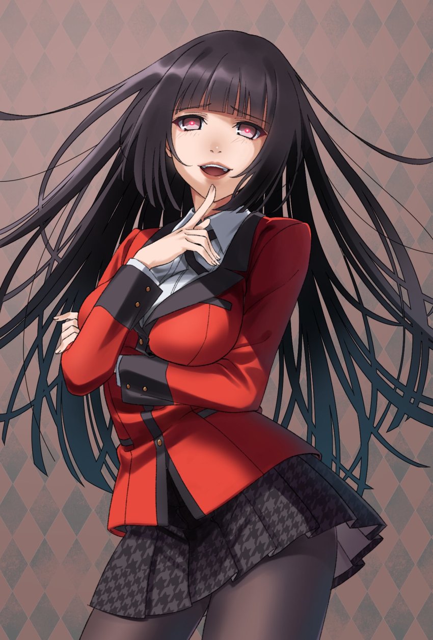 1girl, :d, argyle_background, argyle_clothes, black_hair, black_pantyhose, black_ribbon, black_skirt, blunt_bangs, collared_shirt, cowboy_shot, floating_hair, grey_eyes, highres, hyakkaou_academy_school_uniform, index_finger_raised, jabami_yumeko, jacket, kakegurui, long_hair, long_sleeves, looking_at_viewer, miniskirt, naguramu, neck_ribbon, open_mouth, pantyhose, plaid_clothes, plaid_skirt, red_jacket, ribbon, school_uniform, shirt, skirt, smile, solo, standing, very_long_hair, white_shirt, wing_collar