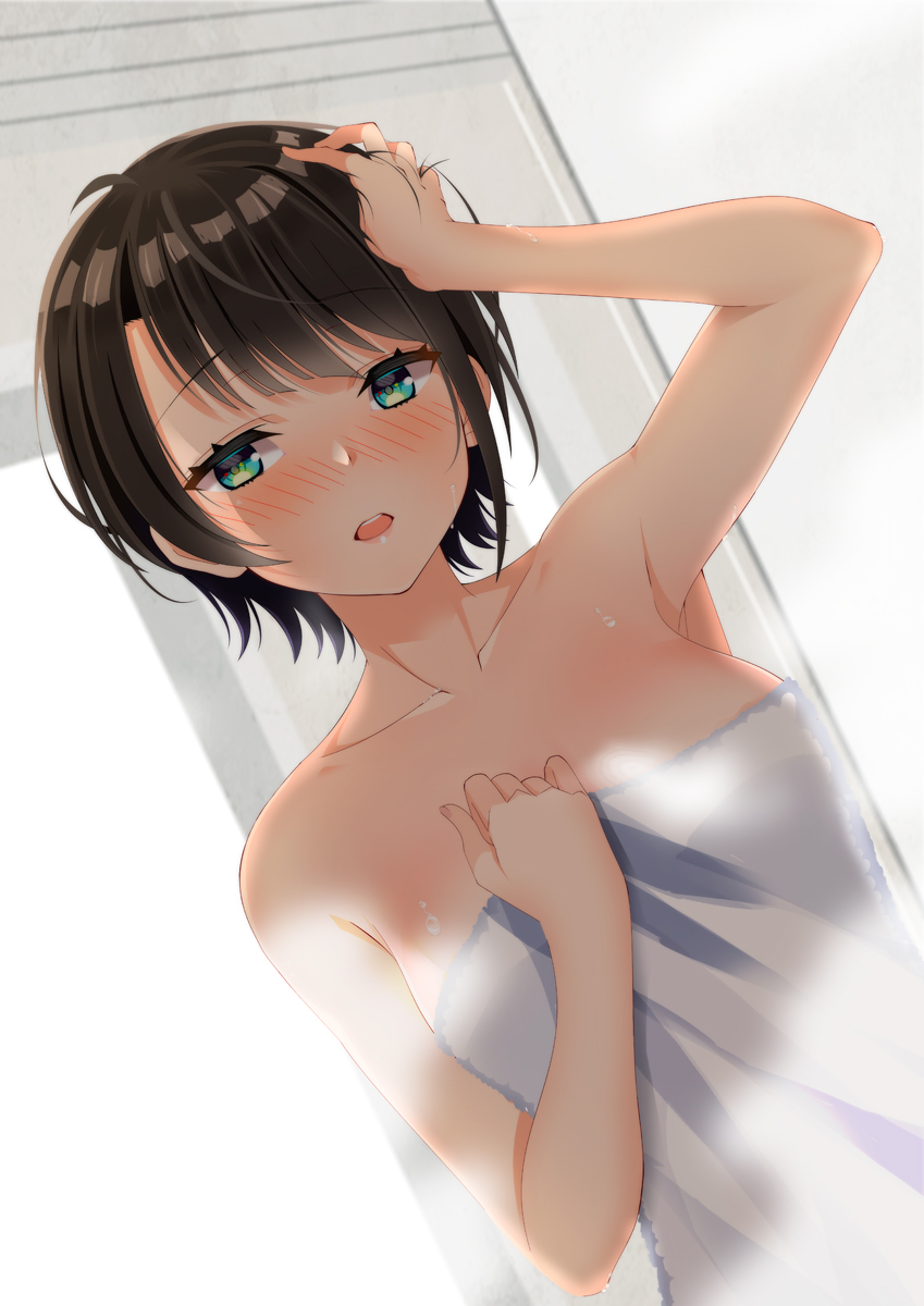 1girl, ahoge, aqua_eyes, arm_up, armpit_peek, asymmetrical_bangs, bare_shoulders, black_hair