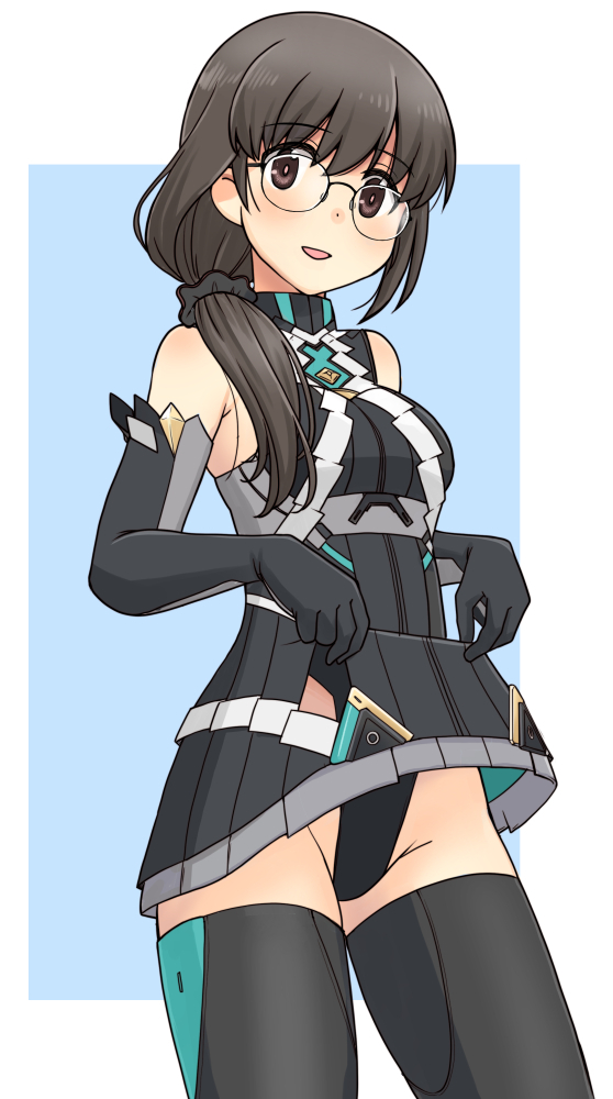 1girl, alice_gear_aegis, bare_shoulders, black_dress, black_gloves, black_panties, black_thighhighs, blue_background