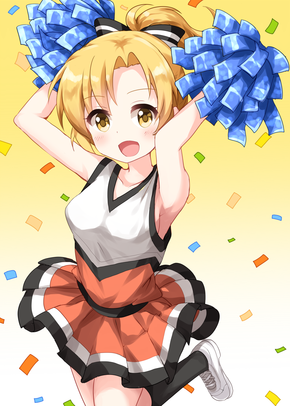 1girl, anima_yell!, arm_up, black_bow, black_legwear, blonde_hair, bow, breasts