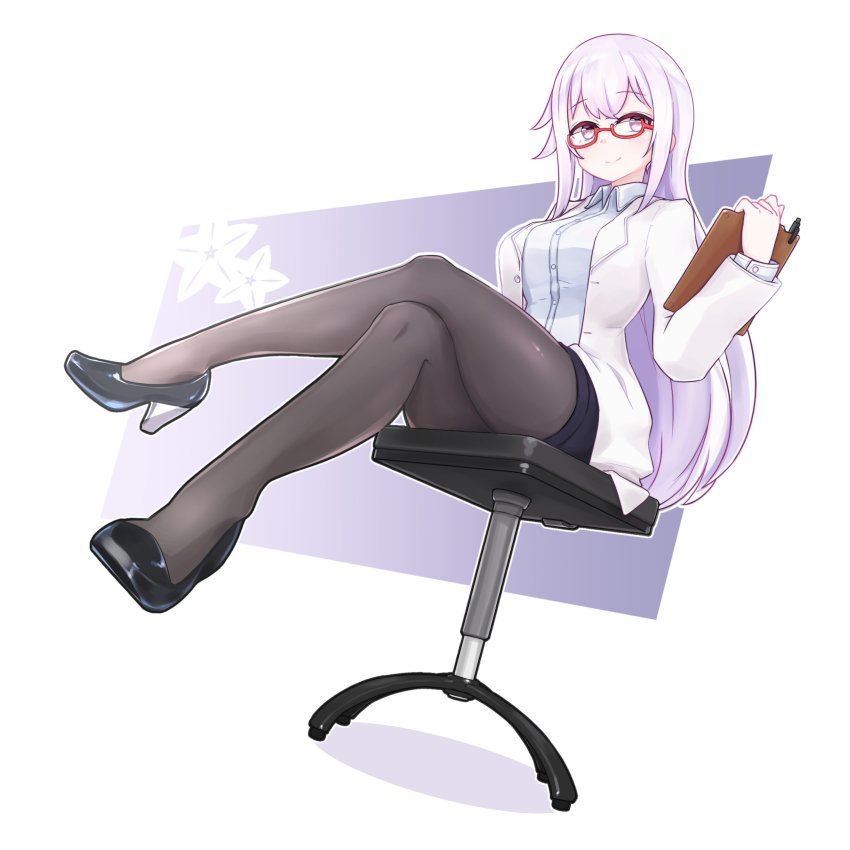 .live, 1girl, absurdres, black_pantyhose, carro_pino, chair, commentary_request, full_body, glasses, highres, looking_at_viewer, pantyhose, purple_eyes, purple_hair, simple_background, sirotsumekusa, sitting, smile, solo, virtual_youtuber, voizerick, white_background
