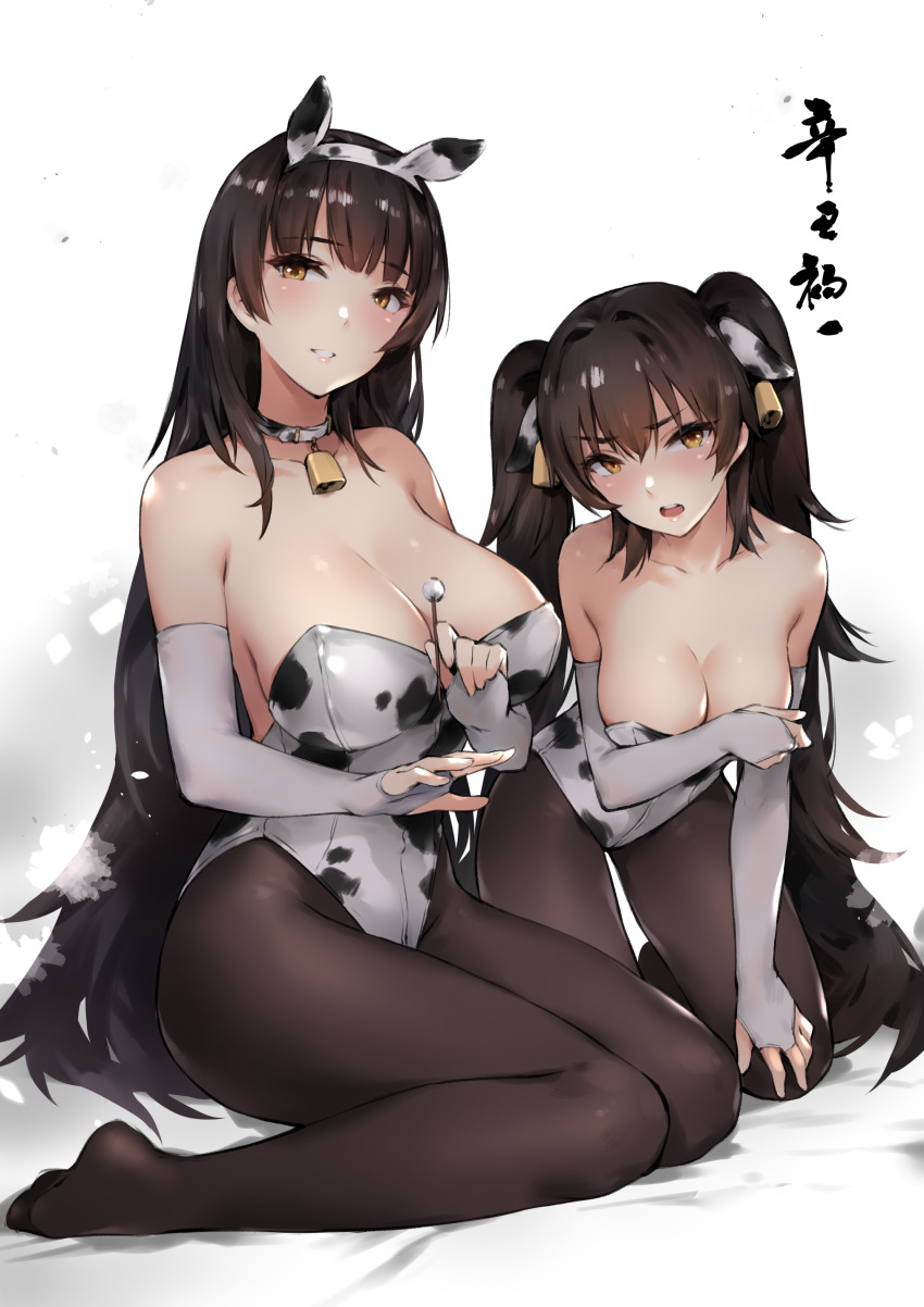 2girls, absurdres, animal_ears, animal_print, bare_shoulders, bell, black_hair, black_legwear