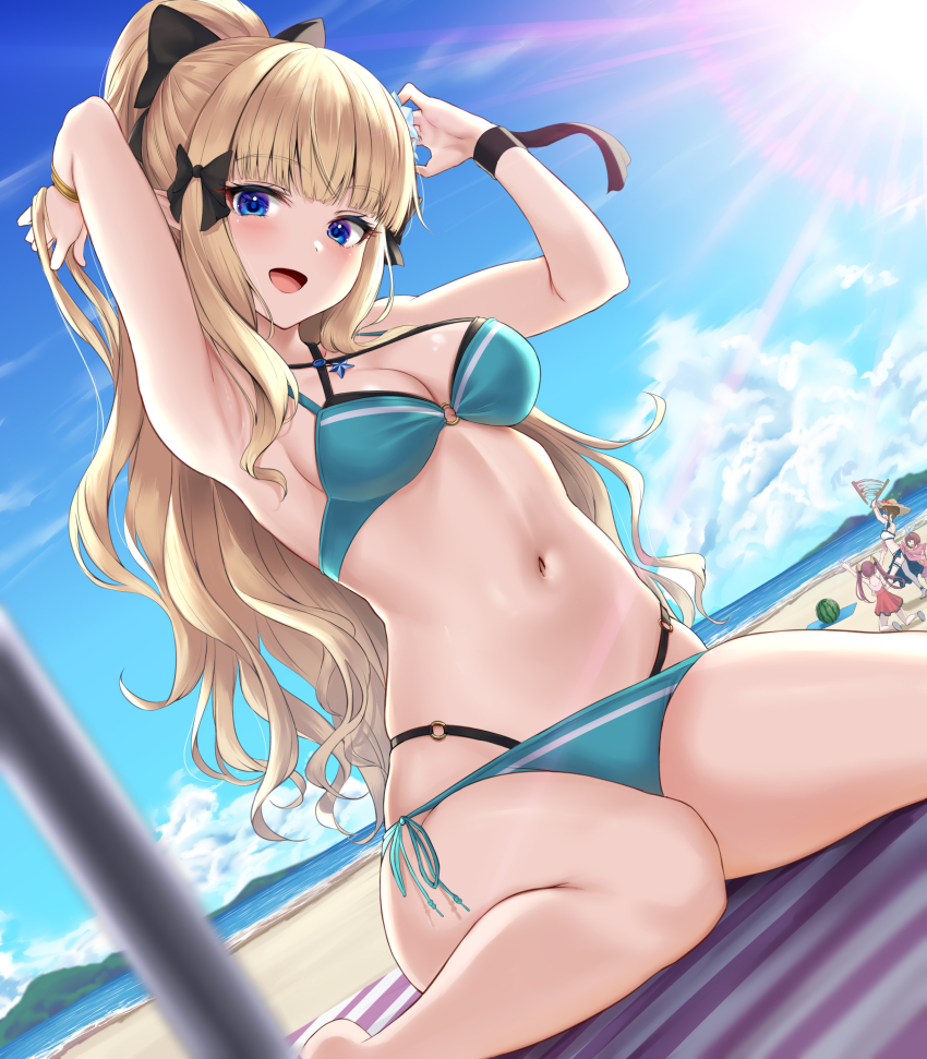 4girls, :d, absurdres, armpits, arms_up, ayane_(princess_connect!), bare_arms, bare_shoulders, beach, beach_mat, bikini, black_bikini, blonde_hair, blue_bikini, blue_eyes, blue_sky, blurry, blurry_foreground, bow, breasts, cleavage, cloud, commentary_request, criss-cross_halter, day, depth_of_field, dutch_angle, food, fruit, hair_bow, halterneck, high_ponytail, highleg, highleg_bikini, highres, kurumi_(princess_connect!), layered_bikini, light_rays, long_hair, looking_at_viewer, medium_breasts, multiple_girls, navel, o-ring, o-ring_bikini, o-ring_bottom, o-ring_top, official_alternate_costume, open_mouth, outdoors, pointy_ears, ponytail, princess_connect!, rama_(yu-light8), saren_(princess_connect!), saren_(summer)_(princess_connect!), side-tie_bikini_bottom, side-tie_bottom, sitting, sky, smile, solo_focus, stomach, string_bikini, suikawari, sun, sunbeam, sunlight, suzume_(princess_connect!), suzume_(summer)_(princess_connect!), swimsuit, thighs, very_long_hair, wariza, watermelon