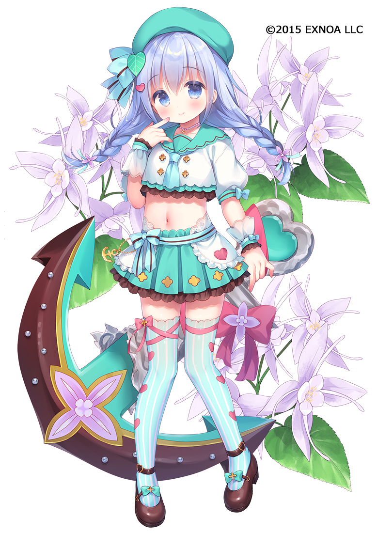 anchor, beret, blue_bow, blue_eyes, blue_hair, blue_neckwear, blue_thighhighs, bow