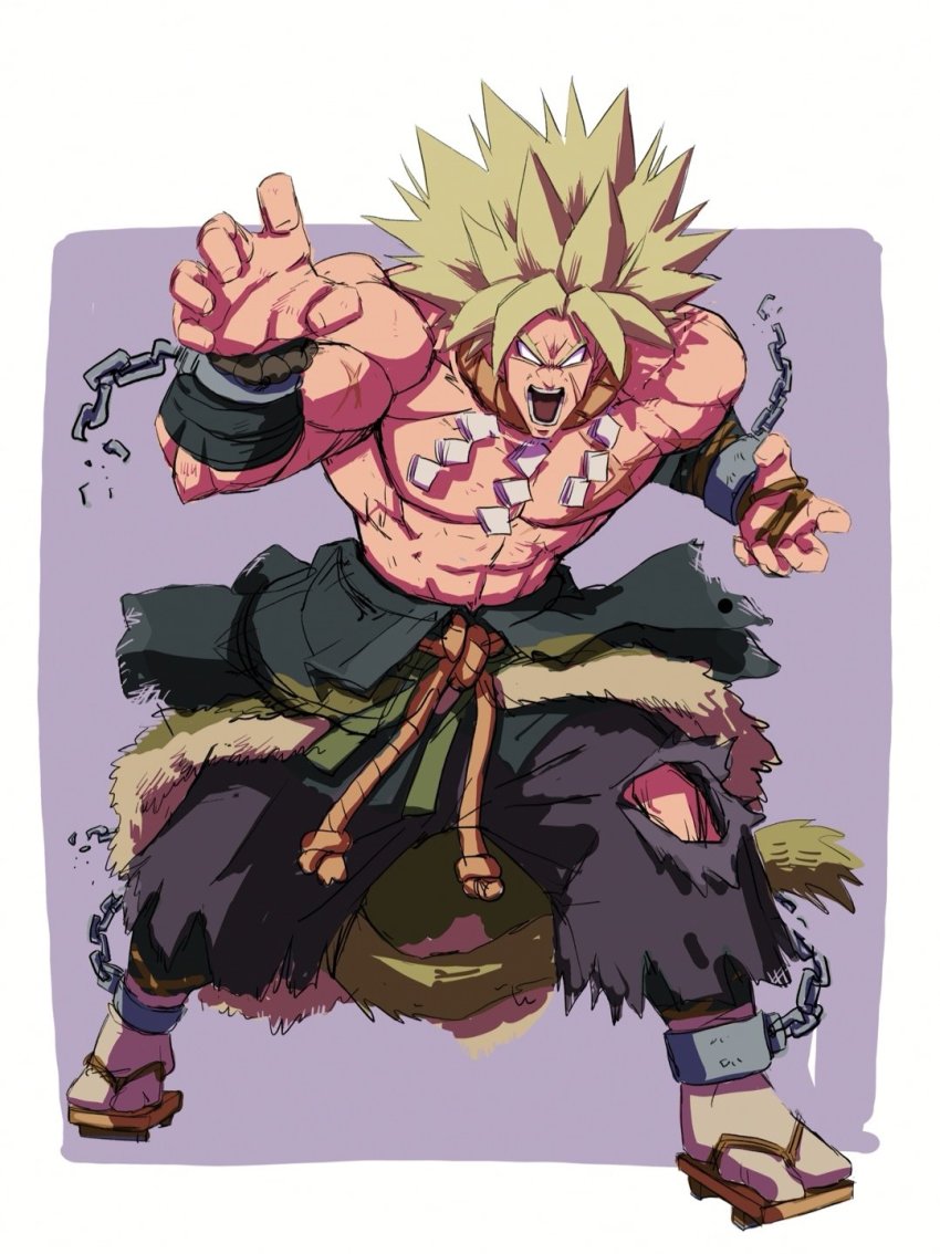 1boy, abs, anger_vein, bara, black_eyes, blonde_hair, broly_(dragon_ball_super), clothes_around_waist