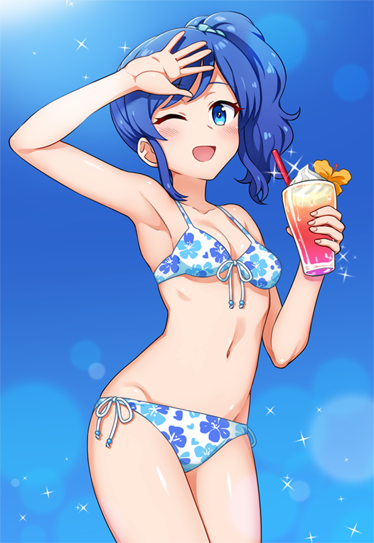 1girl, ;d, aikatsu!, aikatsu!_(series), arm_up, armpits, bikini, blue_bikini