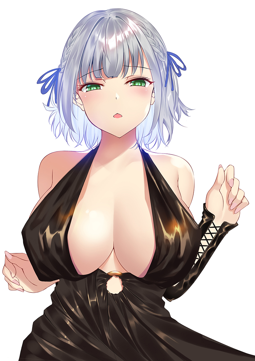 1girl, black_dress, blue_ribbon, blunt_bangs, braid, breasts, commentary, dress