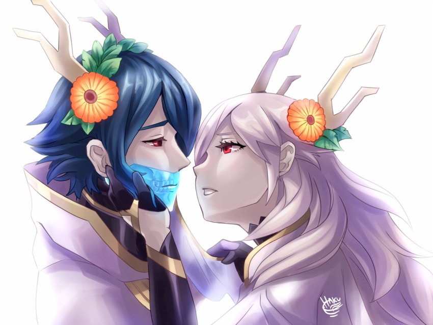 1boy, 1girl, blue_hair, blush, cape, commentary, elbow_gloves, english_commentary, fake_horns, fire_emblem, fire_emblem_heroes, flower, gloves, gold_trim, hair_flower, hair_ornament, hakuramen, hand_on_another's_cheek, hand_on_another's_face, horns, imminent_kiss, lace_veil, leaf_hair_ornament, lif_(fire_emblem), lif_(valentine)_(fire_emblem), long_hair, looking_at_another, nintendo, official_alternate_costume, open_mouth, red_eyes, see-through_clothes, short_hair, signature, simple_background, skull, tareme, thrasir_(fire_emblem), thrasir_(valentine)_(fire_emblem), upper_body, veil_removed, watermark, white_background, white_cape, white_hair
