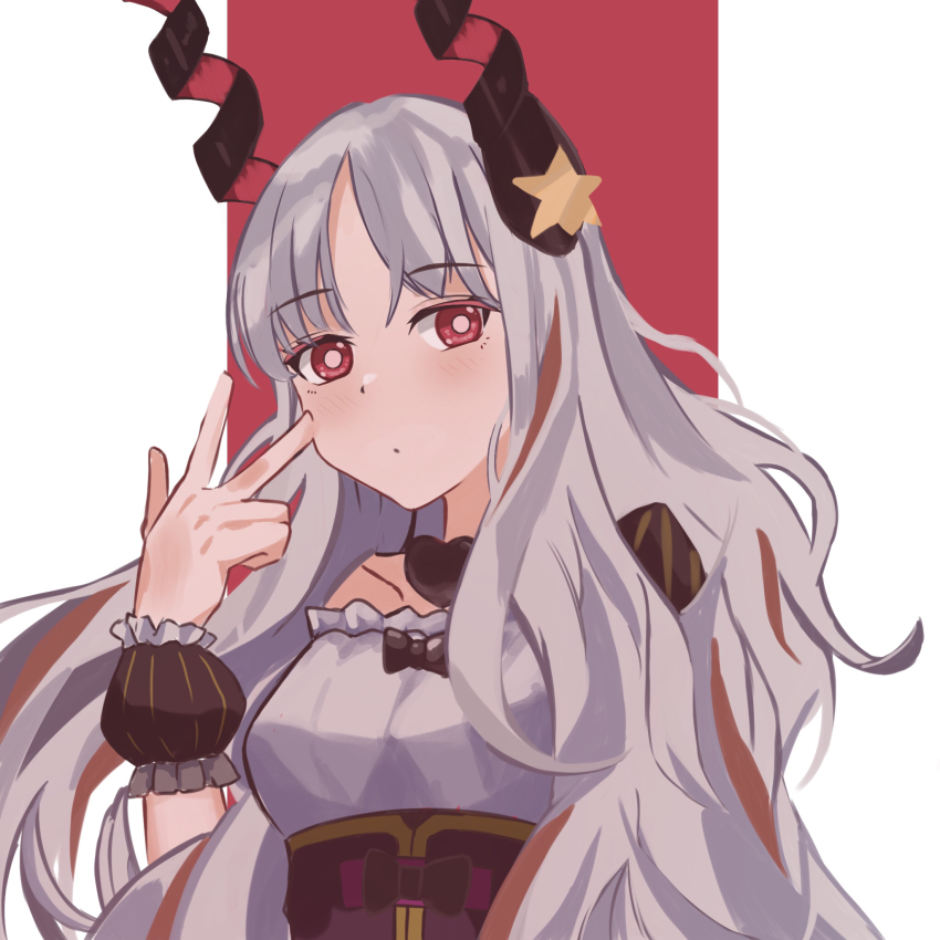 1girl, breasts, caren_hortensia, caren_hortensia_(amor_caren)_(third_ascension), corset, fate/grand_order, fate_(series), frills, hair_ornament, highres, kuramandora, long_hair, looking_at_viewer, medium_breasts, puffy_short_sleeves, puffy_sleeves, red_eyes, short_sleeves, simple_background, solo, very_long_hair, w, wavy_hair, white_background, white_hair, wrist_cuffs