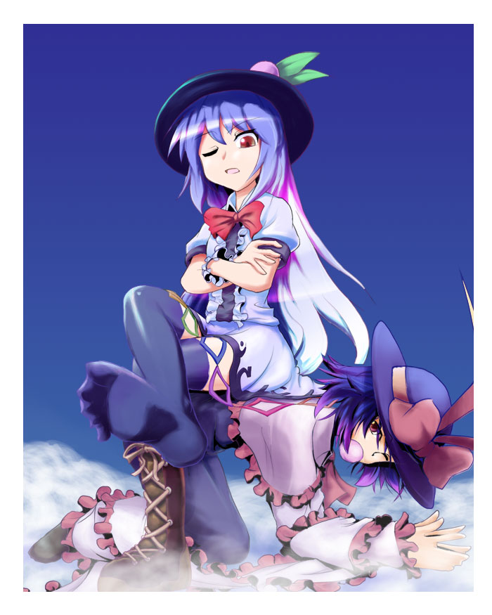 2girls, black_legwear, blue_hair, boots, feet, female_focus, food, foot_focus