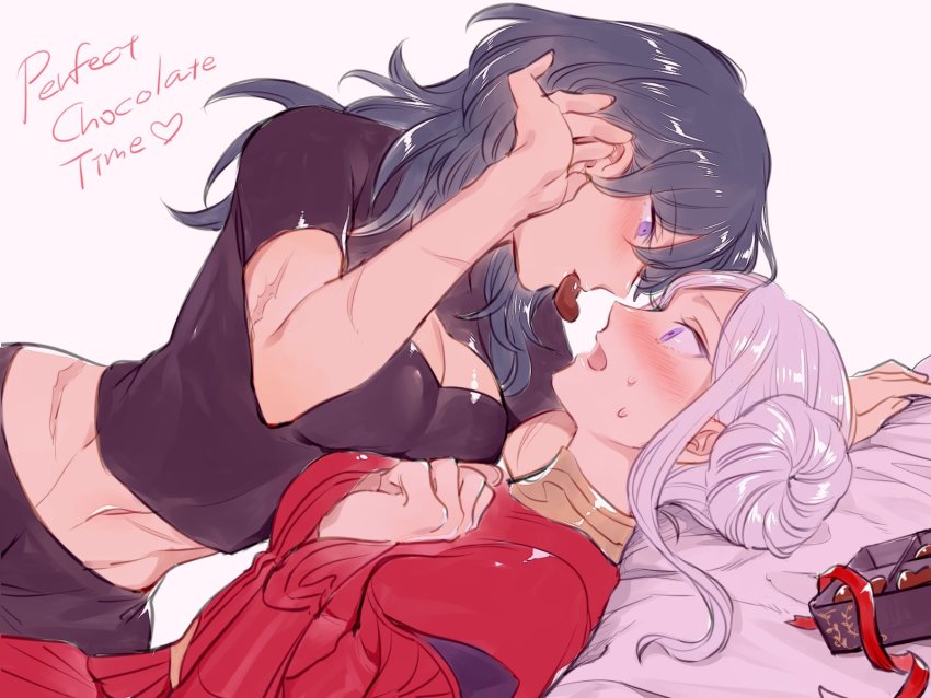 2girls, bed, blue_eyes, blush, breasts, female_byleth_(fire_emblem), chocolate, cleavage, closed_mouth, couple, edelgard_von_hresvelg, edelgard_von_hresvelg_(timeskip), fire_emblem, fire_emblem:_three_houses, hair_ornament, hair_ribbon, highres, large_breasts, long_hair, long_sleeves, mizuno_(iori-amu), multiple_girls, navel, nintendo, open_mouth, purple_eyes, ribbon, short_hair, simple_background, smile, white_hair, yuri