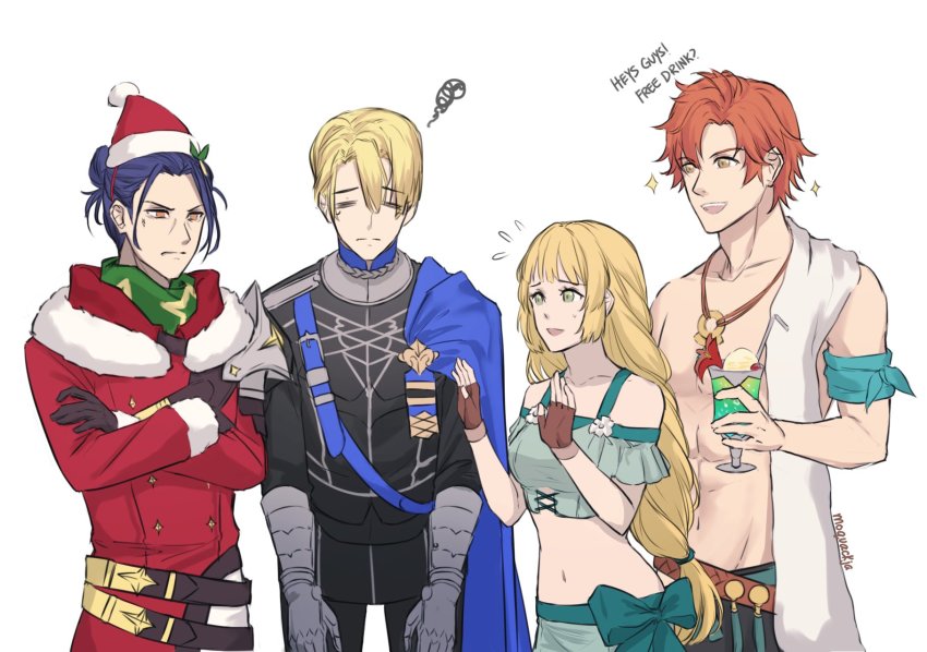 1girl, 3boys, :d, =_=, armband, artist_name, bare_shoulders, belt