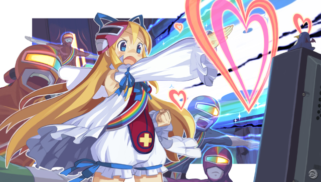 1girl, blonde_hair, bloomers, blue_eyes, disgaea, female_focus, flonne, heart, long_hair, prinny, prism_blue, prism_orange, prism_purple, prism_rangers, prism_red, rainbow, solo, tokusatsu, underwear, white_bloomers