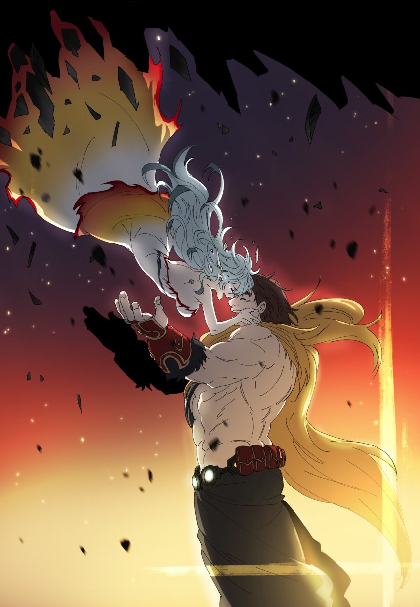 1boy, 1girl, abs, artemis_(fate), bare_pectorals, bcbcmmmmm, breasts, brown_hair, chest_harness, couple, falling, fate/grand_order, fate_(series), forehead-to-forehead, from_side, harness, heads_together, hetero, highres, large_pectorals, male_focus, mature_male, messy_hair, muscular, muscular_male, pectorals, short_hair, smile, stomach, sunlight, super_orion_(fate), thick_eyebrows, vambraces