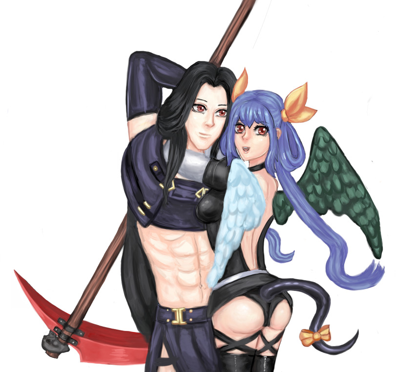 1boy, 1girl, angel_wings, asymmetrical_wings, bare_shoulders, black_hair, black_panties, blue_hair