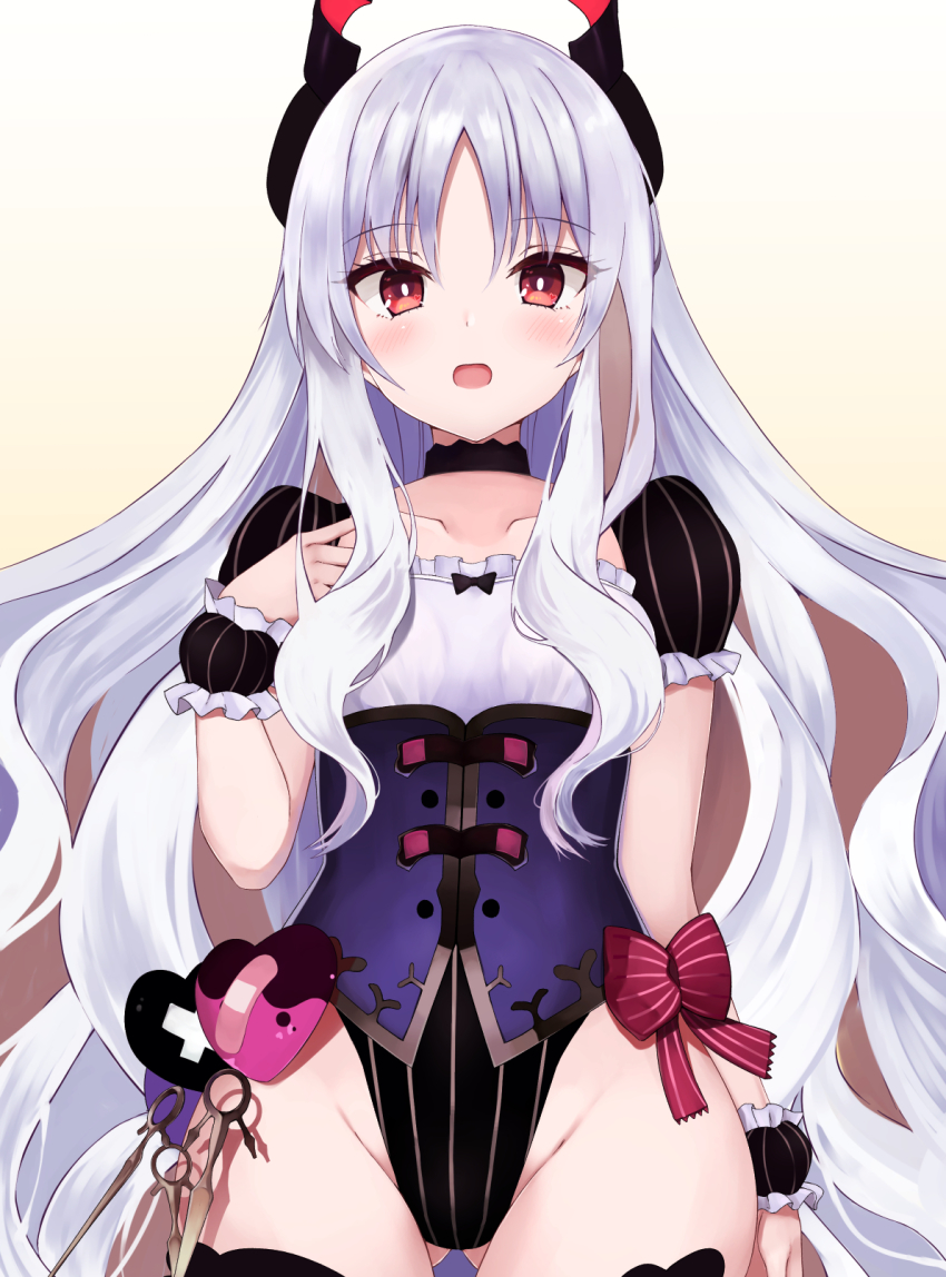 1girl, black_thighhighs, blush, bow, breasts, caren_hortensia, caren_hortensia_(amor_caren)_(third_ascension), corset