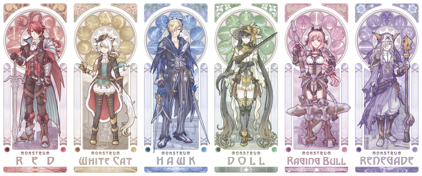 3boys, 3girls, a-chako, adol_christin, animal_ears, arm_blade, bird, bracelet, cat_ears, claw_(weapon), cow_ears, cow_girl, crimson_king_(ys), doll_(ys), dual_wielding, earrings, falcom, hammer, hawk, hawk_(ys), highres, holding, hoop_earrings, jewelry, mole, mole_under_eye, multiple_boys, multiple_girls, raging_bull_(ys), renegade_(ys), staff, sword, war_hammer, weapon, white_cat_(ys), ys, ys_ix:_monstrum_nox