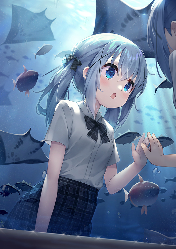 1girl, animal, aquarium, blue_eyes, blush, bow, chestnut_mouth, collared_shirt, commentary_request, dress_shirt, fish, gochuumon_wa_usagi_desu_ka?, grey_bow, grey_skirt, hair_between_eyes, hair_bow, hair_ornament, kafuu_chino, long_hair, looking_away, manta_ray, opah_(moonfish), open_mouth, plaid_bow, plaid_clothes, plaid_skirt, reflection, shirt, short_sleeves, silver_hair, skirt, solo, taku_michi, tuna, twintails, water, white_shirt, x_hair_ornament