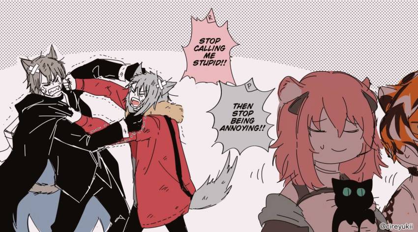 1boy, 3girls, animal_ears, arknights, armor, black_cat, black_cloak, breastplate, brown_hair, cat, cat_boy, cat_ears, cat_tail, clenched_teeth, cloak, earpiece, english_text, furry, furry_female, grabbing_another's_hair, gravel_(arknights), grey_hair, highres, holding_another's_hair, injury, jacket, mask, mask_around_neck, multicolored_fur, multicolored_hair, multiple_girls, orange_fur, orange_hair, phantom_(arknights), pink_hair, projekt_red_(arknights), red_jacket, tail, teeth, tiger_ears, tiger_girl, waai_fu_(arknights), white_hair, wolf_girl, yukii