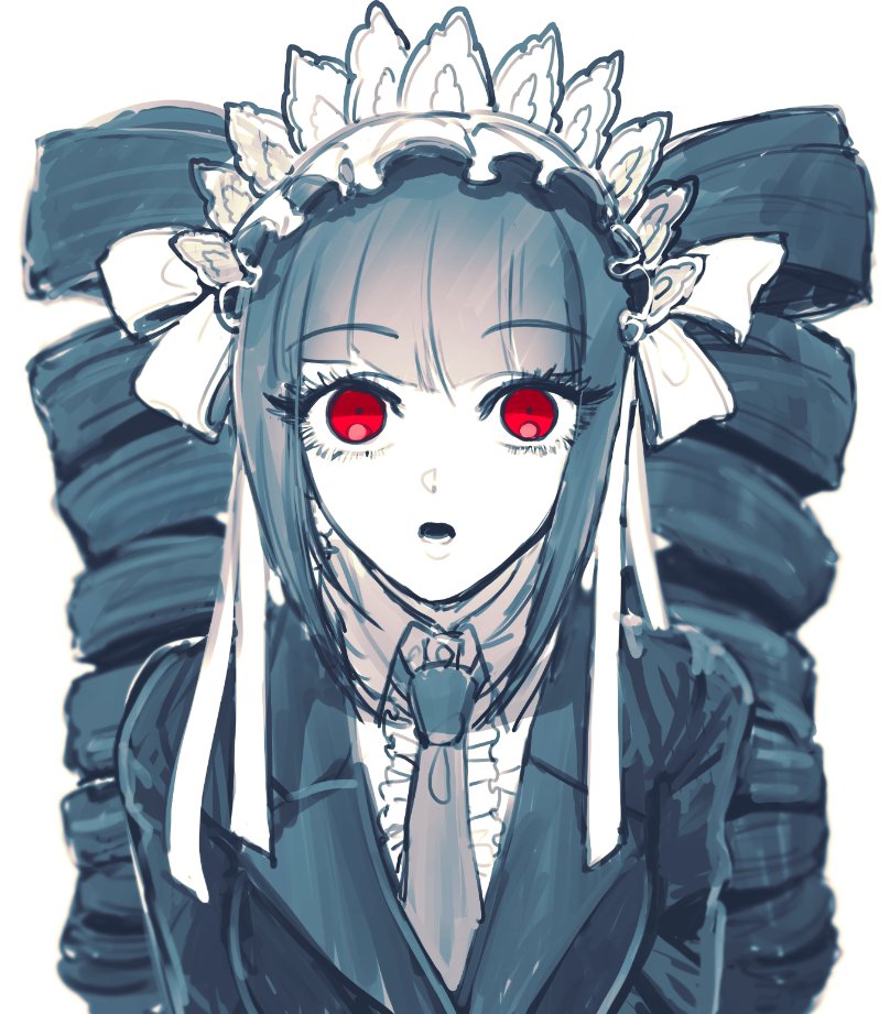 1girl, bad_id, bad_twitter_id, black_hair, blunt_bangs, bonnet, celestia_ludenberg, center_frills