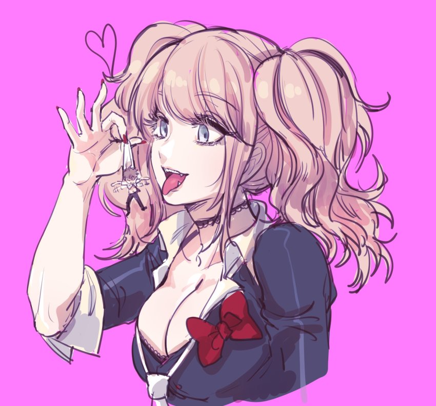 1girl, black_nails, black_shirt, blue_eyes, bra, breasts, choker, cleavage, collarbone, commentary_request, cropped_torso, danganronpa:_trigger_happy_havoc, danganronpa_(series), danganronpa_2:_goodbye_despair, enoshima_junko, fangs, gwanlamcha, hand_up, heart, highres, hinata_hajime, holding, imminent_vore, large_breasts, long_hair, mini_person, miniboy, nail_polish, navel, necktie, open_mouth, pants, pink_background, shirt, simple_background, sleeves_rolled_up, smile, solo, stomach, tongue, tongue_out, twintails, underwear, upper_body, wavy_hair