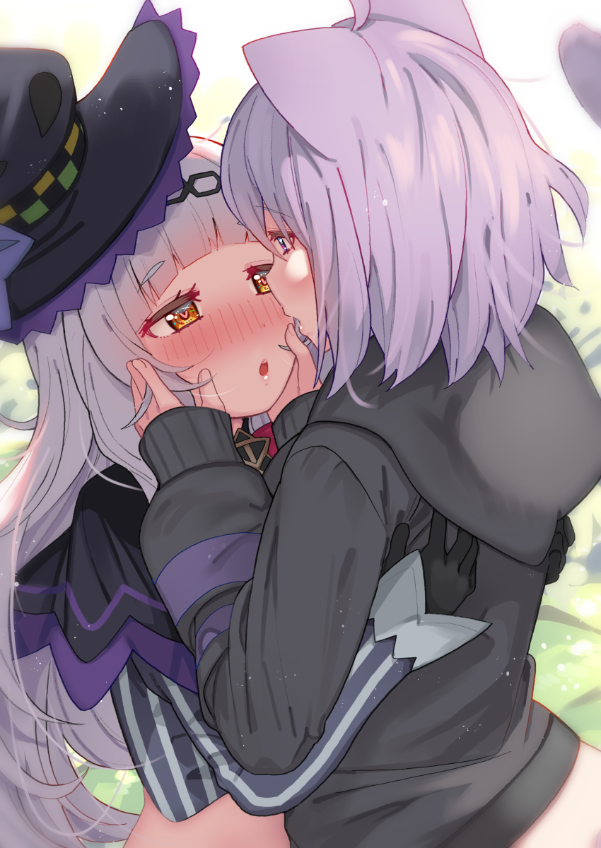 2girls, absurdres, ahoge, animal_ears, black_headwear, black_hoodie, blunt_bangs, blush