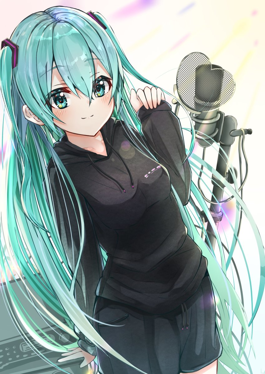 1girl, absurdres, alternate_costume, amplifier, aqua_eyes, aqua_hair, arm_behind_back, arm_up