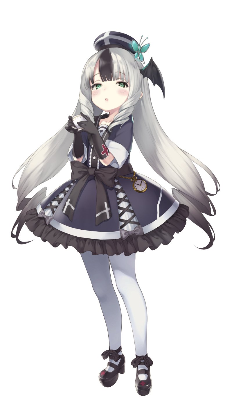 1girl, bad_id, bad_twitter_id, black_gloves, black_hair, black_shoes, blush, charlotte_bong, cup, dress, formation_girls, full_body, gloves, gradient_hair, green_eyes, hat, head_wings, highres, lolita_fashion, long_hair, looking_at_viewer, mary_janes, multicolored_hair, official_art, pantyhose, pocket_watch, pokachu, shoes, silver_hair, simple_background, solo, teacup, two-tone_hair, watch, white_background, white_pantyhose, wings
