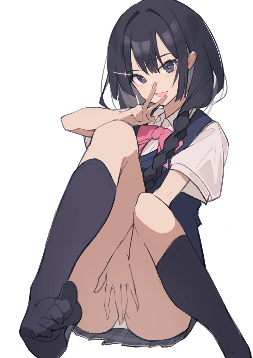 1girl, :d, absurdres, black_hair, black_socks, blue_eyes, blue_vest, bow
