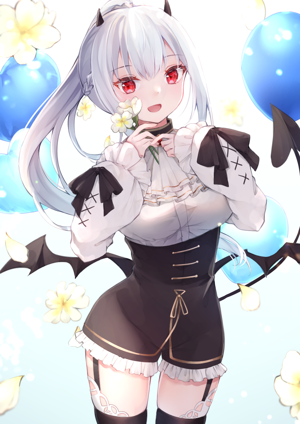 1girl, :d, balloon, black_ribbon, black_thighhighs, braid, breasts, commentary_request