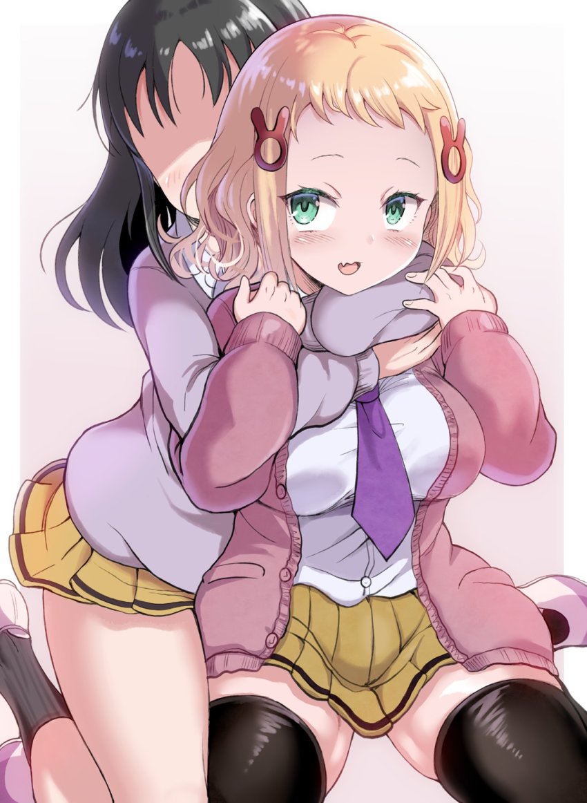 2girls, :d, alternate_breast_size_(larger), arms_around_neck, between_breasts, black_hair, black_legwear, blonde_hair
