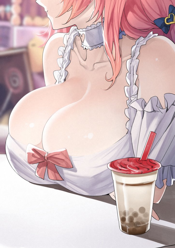 1girl, azur_lane, bare_shoulders, breast_rest, breasts, bubble_tea, cleavage, collar