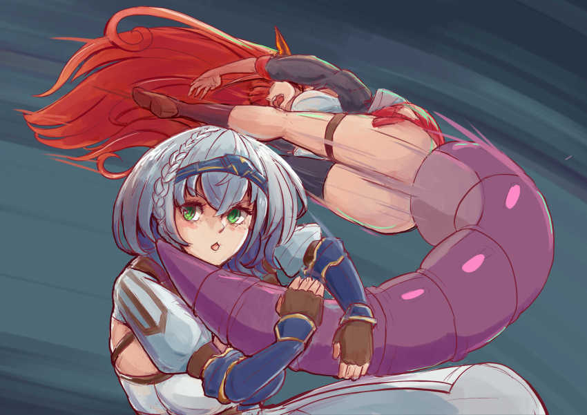 2girls, ahoge, asymmetrical_legwear, blush, braid, breasts, cleavage, clothing_cutout, dragon_girl, dragon_horns, grabbing, green_eyes, highres, hip_vent, hololive, hololive_alternative, horns, jiisuri_chan, kiryu_coco, kiryu_coco_(1st_costume), large_breasts, long_hair, motion_lines, multiple_girls, no_panties, orange_hair, pointy_ears, shirogane_noel, shirogane_noel_(1st_costume), short_hair, silver_hair, speed_lines, tail, tail_ornament, thigh_strap, thighhighs, uneven_legwear, virtual_youtuber