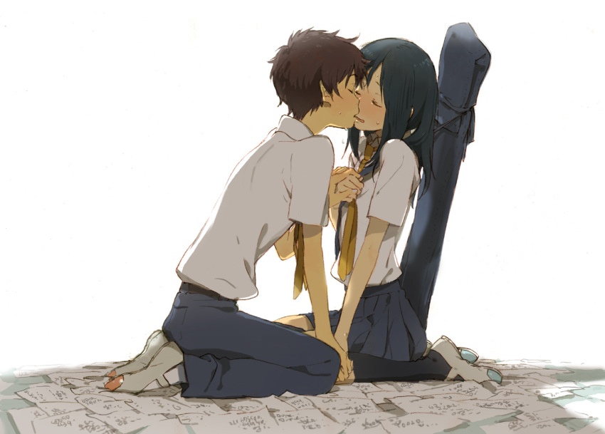 00s, 1boy, 1girl, bad_id, bad_pixiv_id, black_hair, brown_hair, closed_eyes, couple, hetero, kiikanna, kiss, kneehighs, kneeling, koiso_kenji, necktie, school_uniform, serafuku, shinohara_natsuki, socks, summer_wars