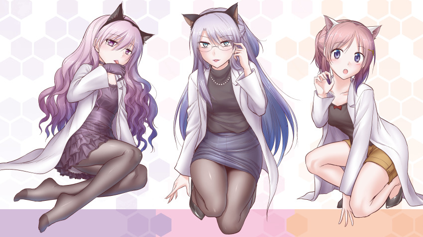 3girls, absurdres, animal_ears, black_hairband, claw_pose, fake_animal_ears, fangs, feet